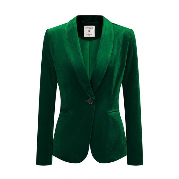 Women's Coat Solid Shawl Collar 1 Button Velvet Blazer Green - Picture 1 of 6
